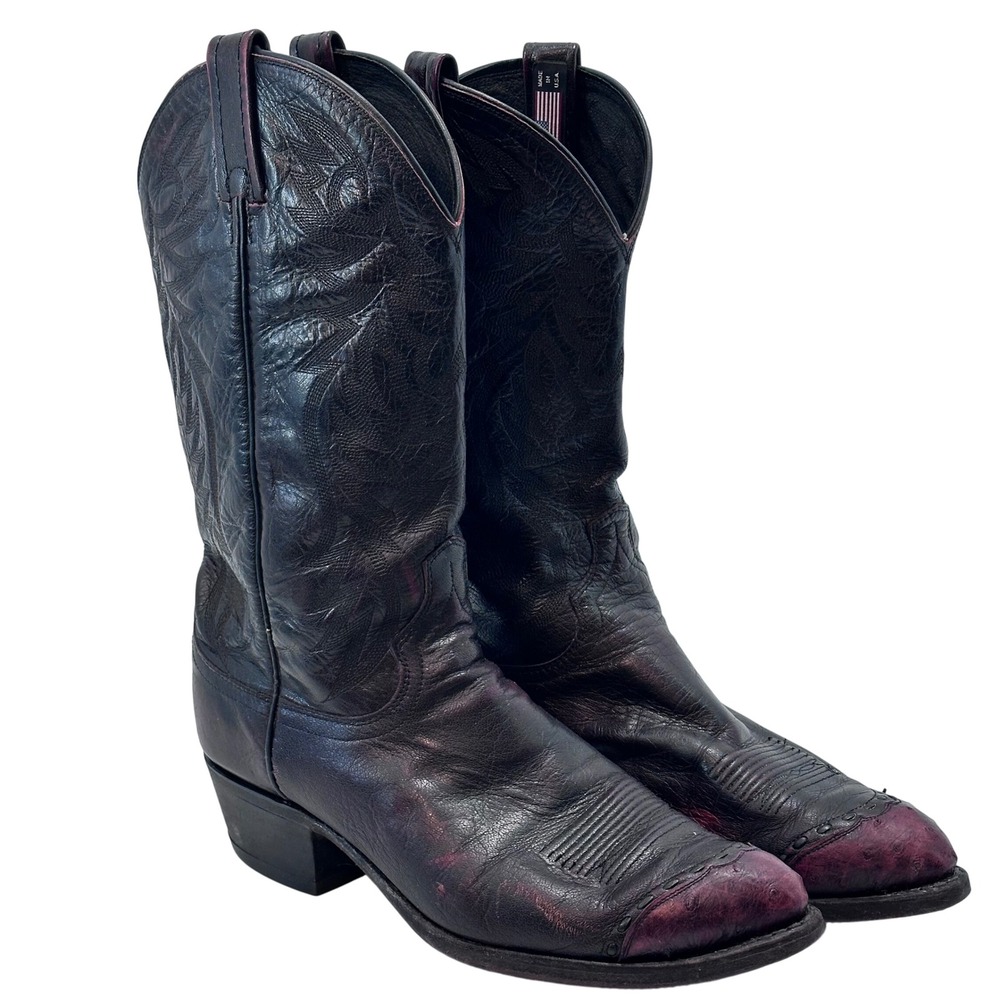 Dan Post Cowboy Western Boots Men's 9.5 EW Leather‎ Ostrich Print Pull On Dress